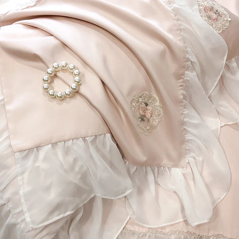 Afralia™ French Lace Ruffles Princess Wedding Bedding Set - 4Pcs 1000TC Cotton - Duvet, Sheet, Pillowcases