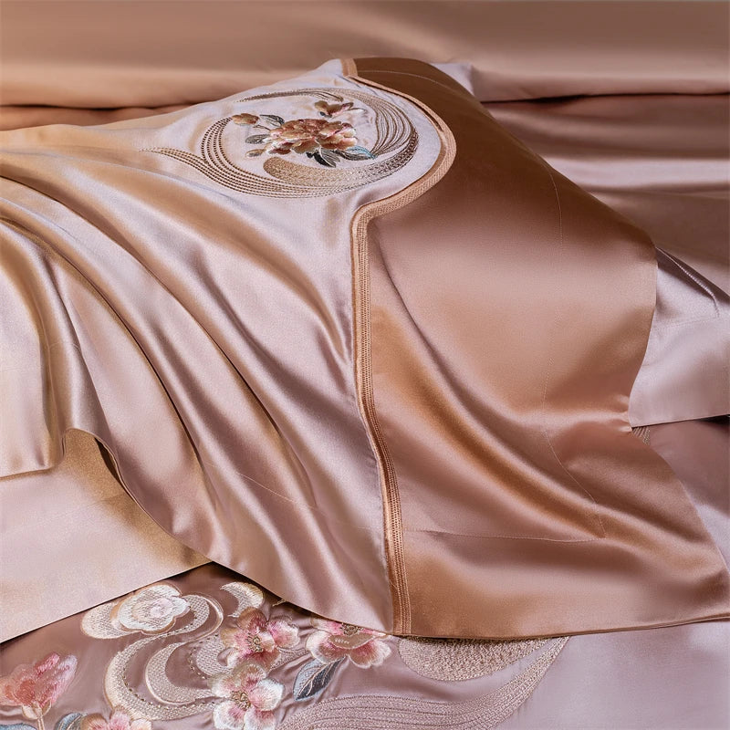 Afralia™ Elegant Flowers Embroidery Brocade Cotton Bedding Set - Duvet Cover, Sheet, Pillowcases