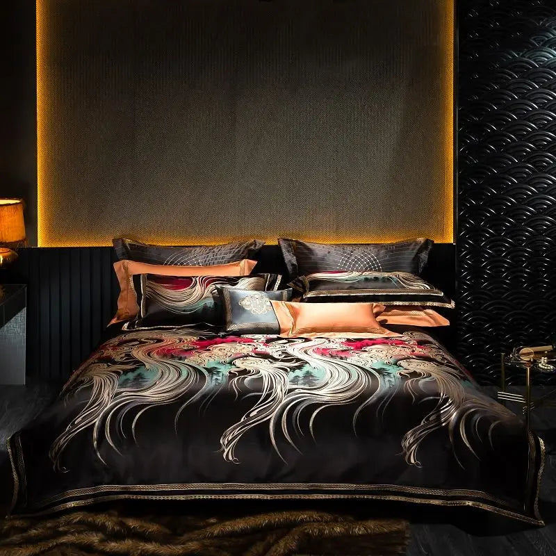 Afralia™ Embroidered Brocade Egyptian Cotton Duvet Cover Set, Black Gold
