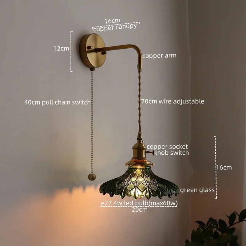 Afralia™ Copper Glass LED Wall Lights Vintage Style Bedside Lamp