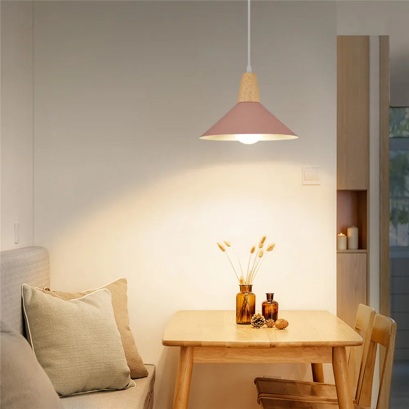 Afralia™ Pink Wood Pendant Light: Nordic Modern E27 Shade for Living Room Decor.