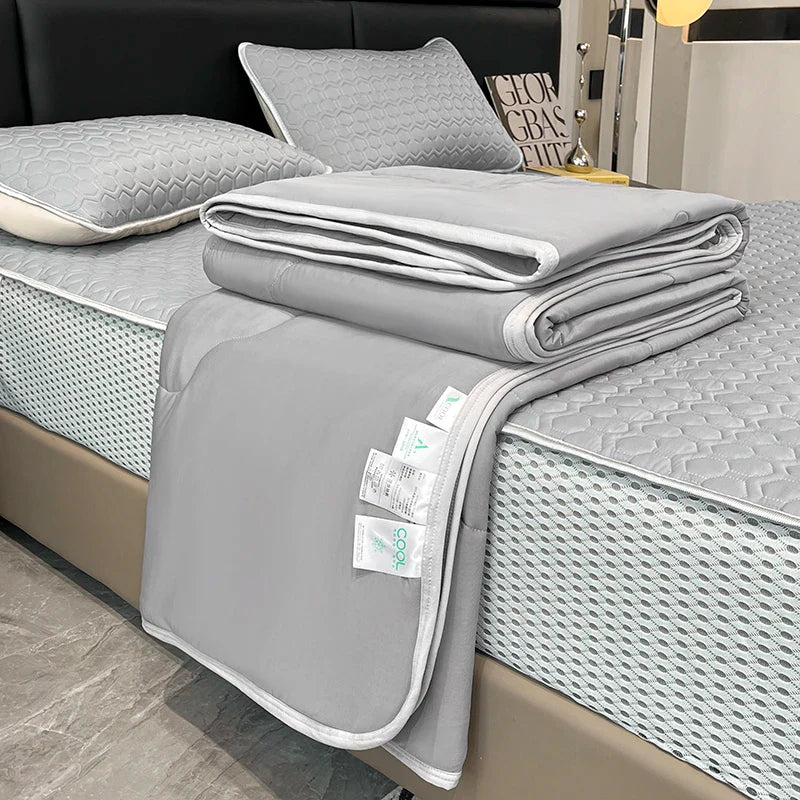 Afralia™ Silk Summer Blanket Set: Latex Fitted Sheet, Pillowcase, Queen Lightweight Comforter