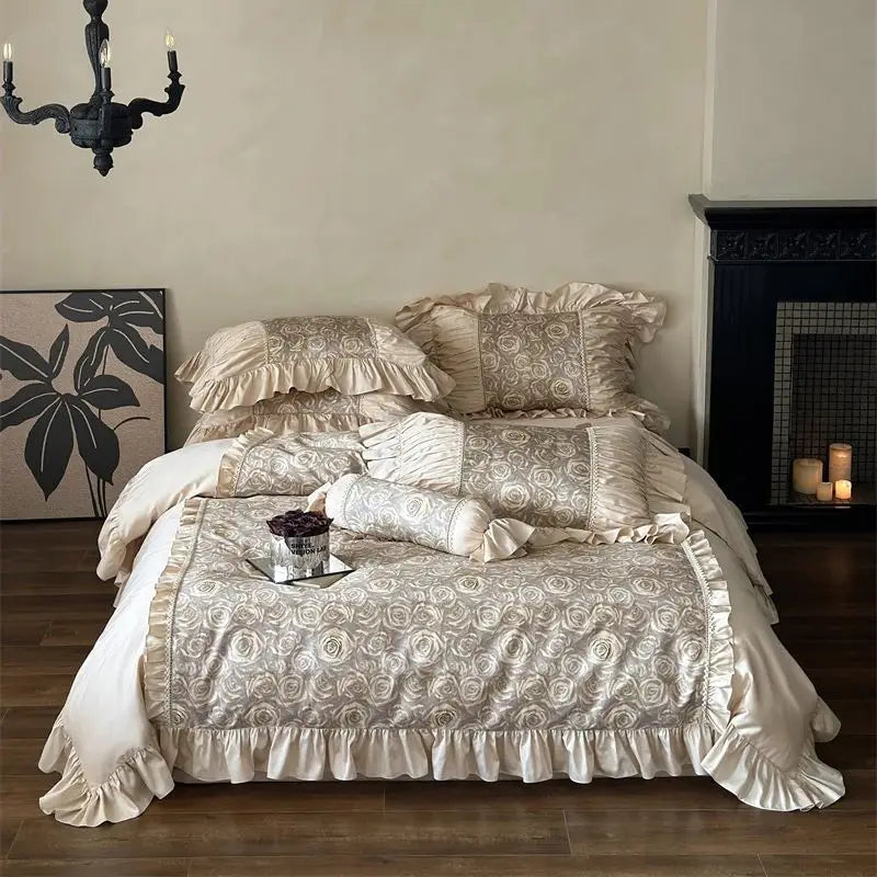 Afralia™ Vintage Floral Bedding Set with Ruffles in Egyptian Cotton, Romantic Oil Painting Style