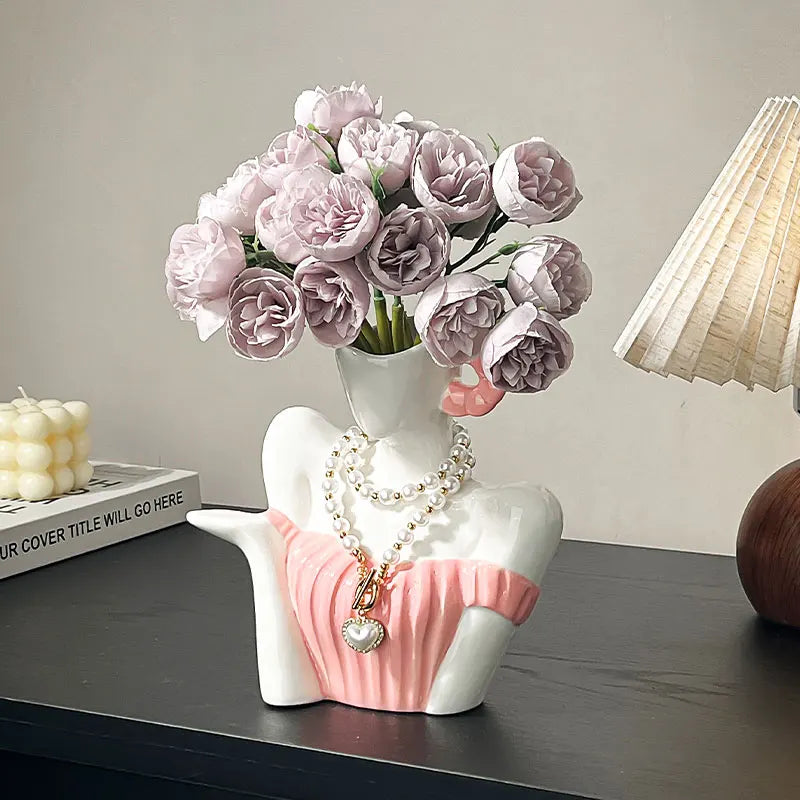 Afralia™ Woman Statue Ceramic Vase Home Decor Flower Arrangement Accessory