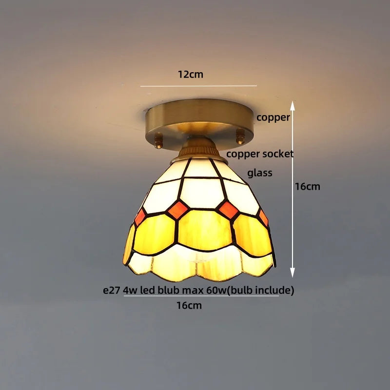 Afralia™ Tiffany Cube Glass LED Ceiling Lamp Copper Canopy Flush Mount Light