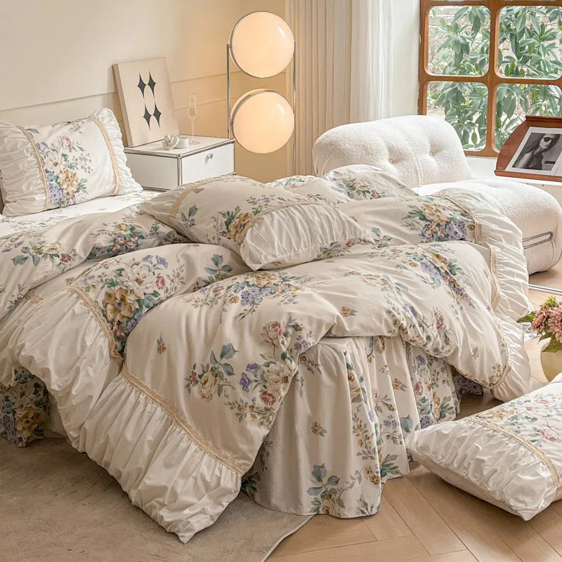 Afralia™ French Pastoral Princess Lace Bedding Set with Ruffles, 100% Cotton, Queen King