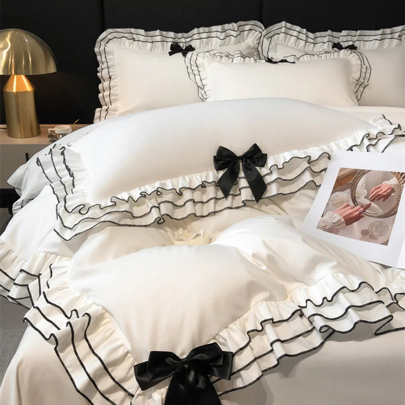 Afralia™ Korean Lace Ruffles Bedding Set with Black Bow Accent