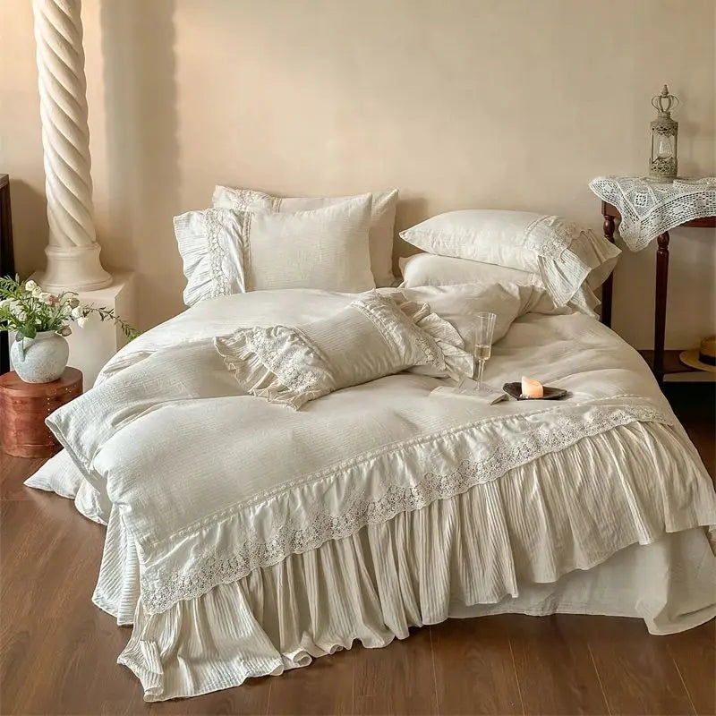 Afralia™ French Lace Ruffle Embroidery Bedding Set with Natural Health Skin Fabric