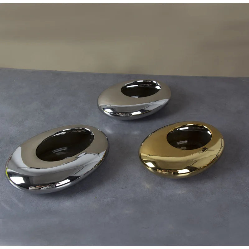 Afralia Silver Cobblestone Ceramic Vase Geometric Oval Flower Pot Home Decor