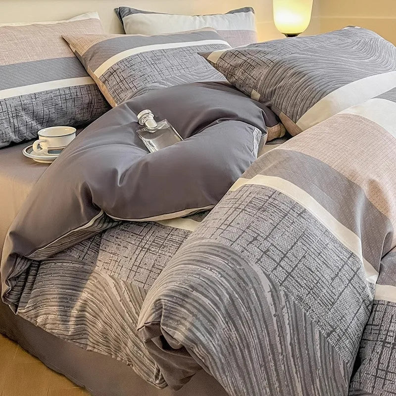 Afralia™ Pure Cotton Striped Bedding Set Duvet Cover Fitted Sheet Kit for Single/Double