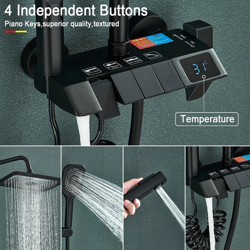 Afralia™ Black Piano Digital Shower System with Intelligent Brass Faucets and White Rainfall Shower