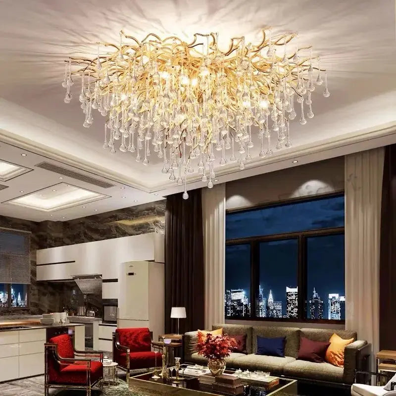 Afralia™ Water Drop Crystal Golden Chandelier for Living Room and Hotel Hall