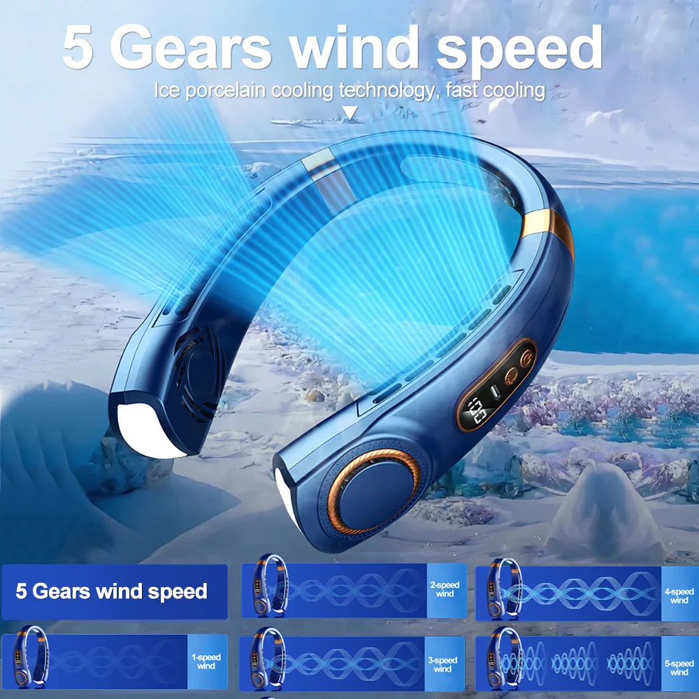 Afralia™ LED Hanging Neck Fan with Colorful Atmosphere Lights, 5th Gear USB Operation