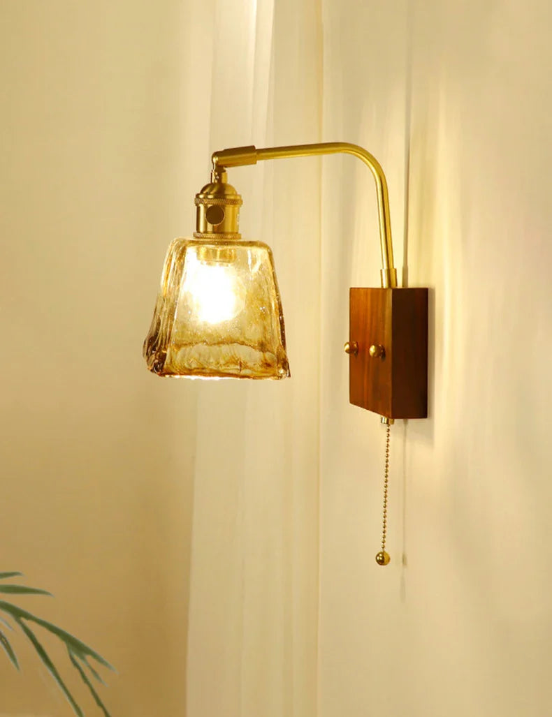 Afralia™ Wooden Brass Glass Wall Lamp Modern Bedroom Bedside Light