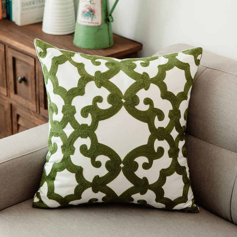 Afralia™ Green Geometric Canvas Cotton Embroidered Cushion Cover 45x45cm