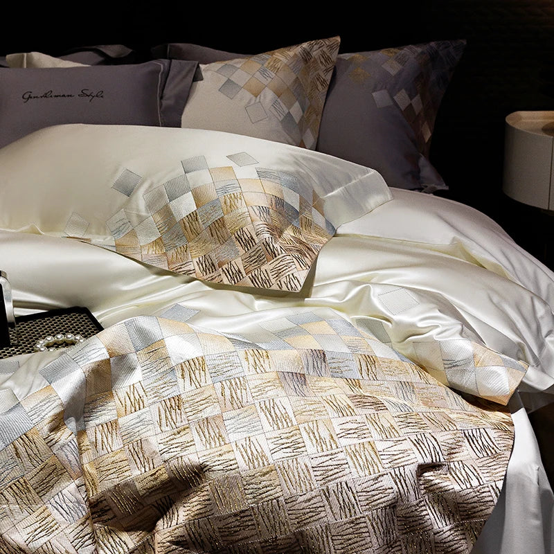 Afralia™ 4-Piece Luxury Embroidery Bedding Set in Pearl White/Grey Satin Brocade Cotton