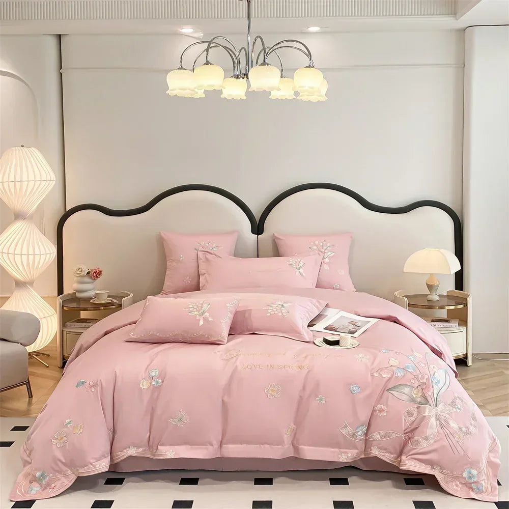 Afralia™ Butterfly Flowers Embroidery Cotton Bedding Set, 4pcs King Queen Size.