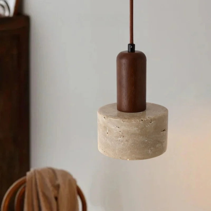 Afralia™ Wood Stone LED Pendant Light Yellow Travertine Modern Luminaria