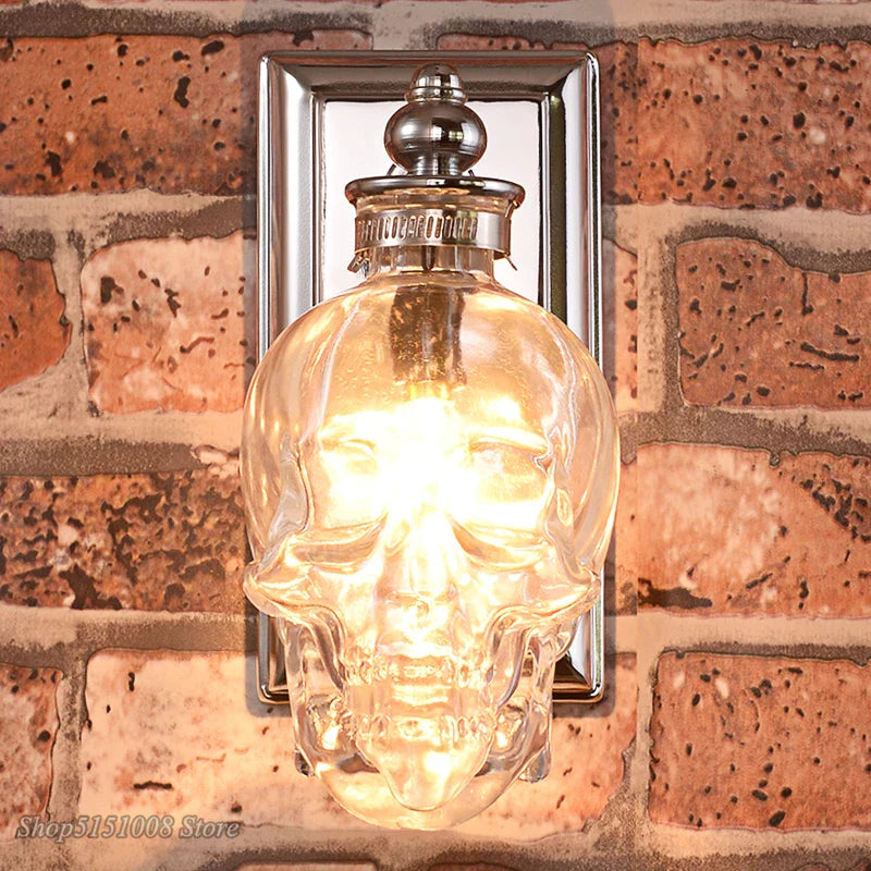 Afralia™ Vintage Skull Bones Glass Wall Lamp for Industrial Home Decor