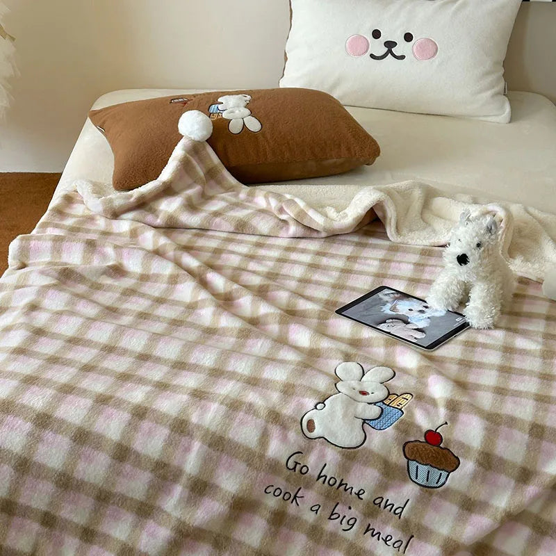 Afralia™ Cartoon Patch Woolen Blanket with Fur Balls for Single Bed