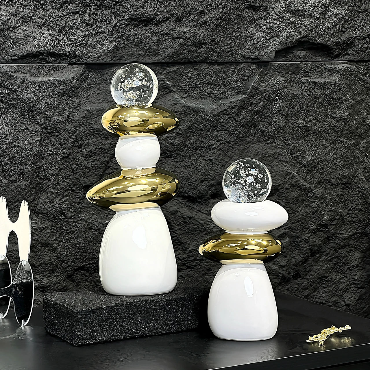 Afralia™ Decorative Crystal Ball Statue Figurines for Home Decor - Geometric Stone Pile