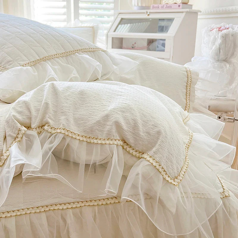 Afralia™ Seersucker Princess Bedding Set with Lace Ruffles - 4Pcs
