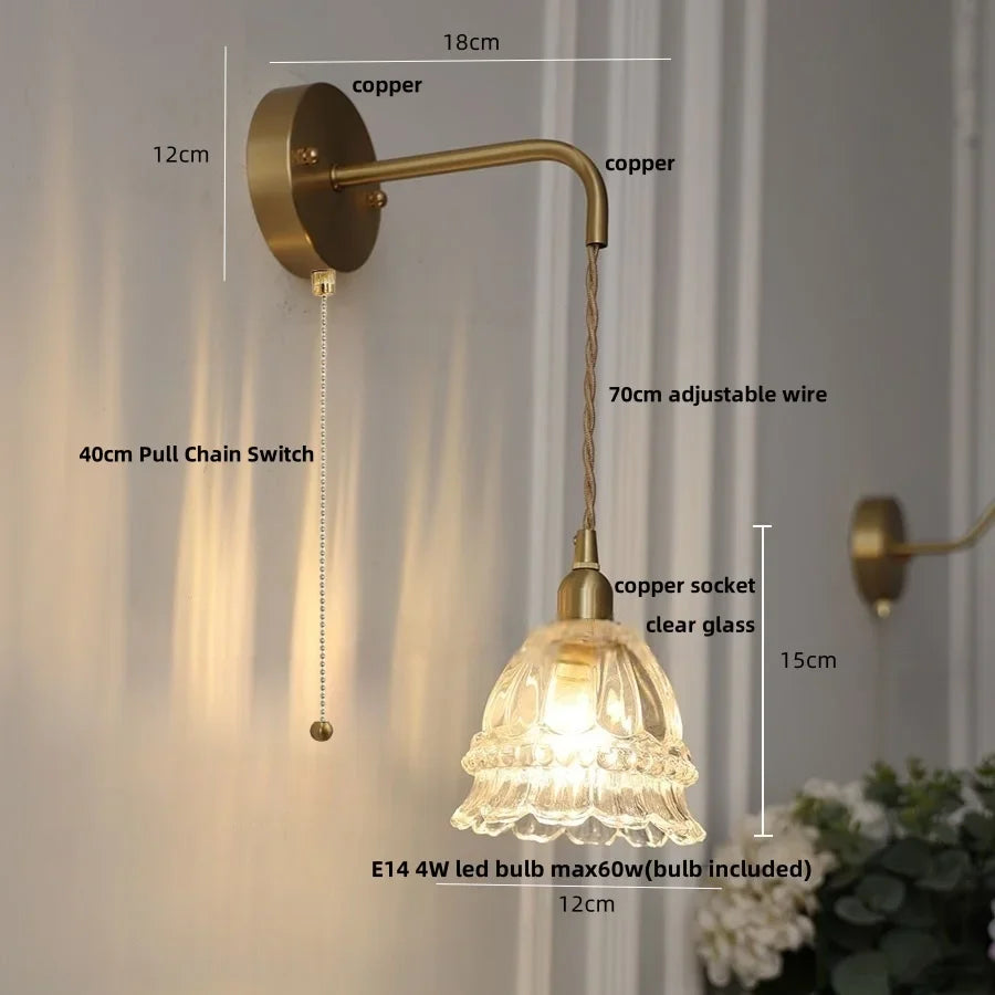 Afralia™ Amber Glass LED Wall Light with Pull Chain Switch, Modern Nordic Flower Wall Sconce