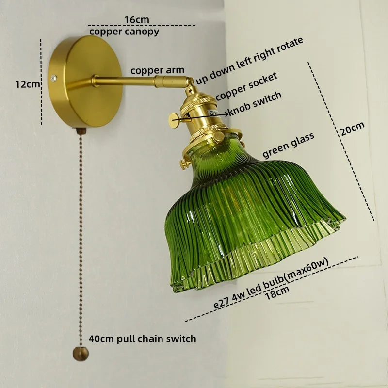 Afralia™ Nordic LED Wall Lights Pull Chain Switch Copper Glass Home Decor