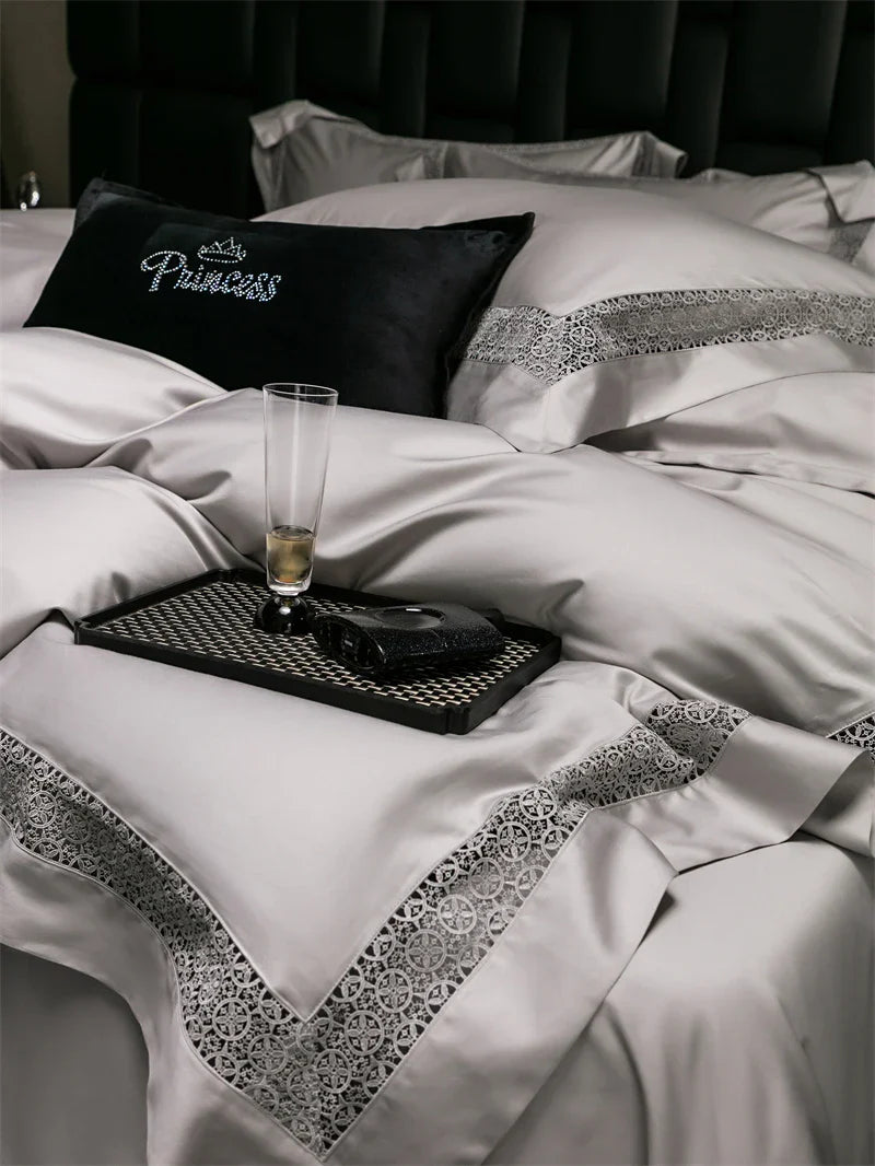 Afralia™ Luxury Lace Edge Bedding Set: Queen King Duvet Cover, Bed Sheet, Pillowcase