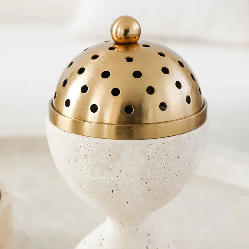 Afralia™ Travertine Marble Incense Burner with Brass Cover