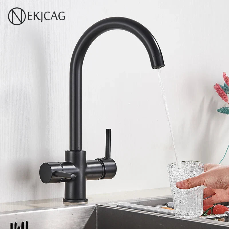 Afralia™ Black Purified Water Kitchen Faucet Hot Cold Mixer Dual Handles Drinking Water Tap