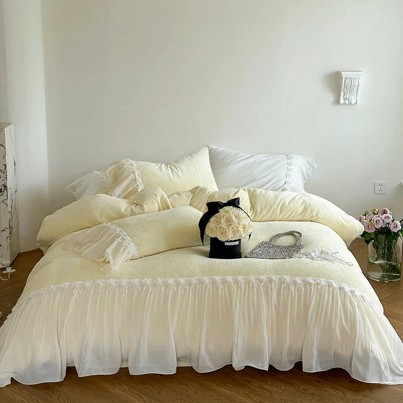 Afralia™ Romantic Lace Ruffles Bedding Set with Flowers Embroidery