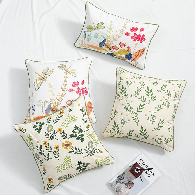 Afralia™ Botanical Floral Embroidered Cushion Cover - Country Style Decorative Pillowcase