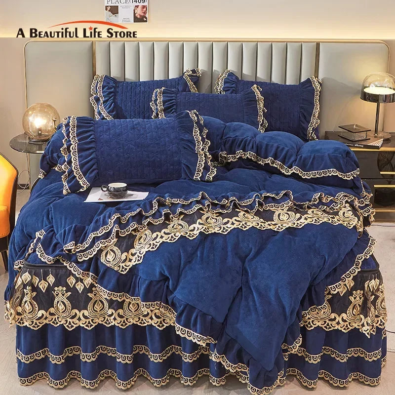 Afralia™ Velvet Bedding Set with Gold Lace Ruffles, Removable Bed Skirt & Pillowcase
