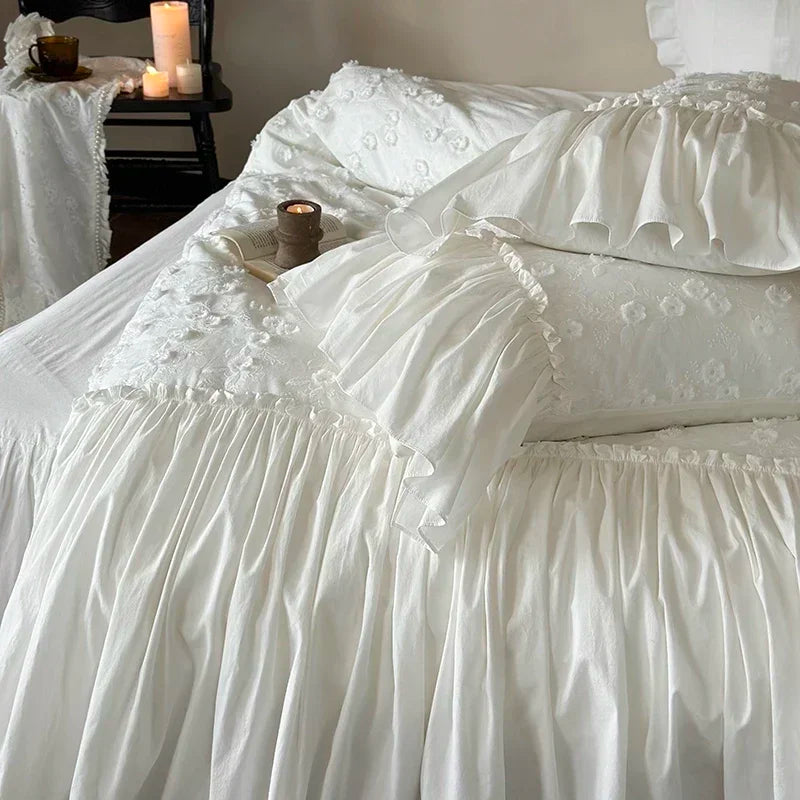 Afralia™ Pleat Cotton Bedding Set White King Queen Twin Double Duvet Cover