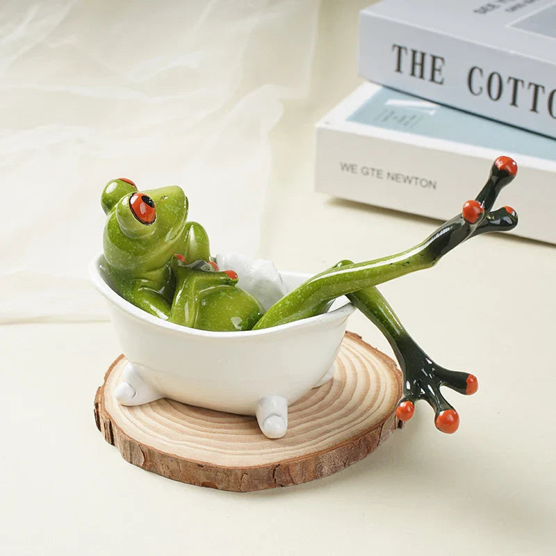 Afralia™ Toilet Frog Resin Figurine Funny Home Decoration Ornament Froghtub Soaking