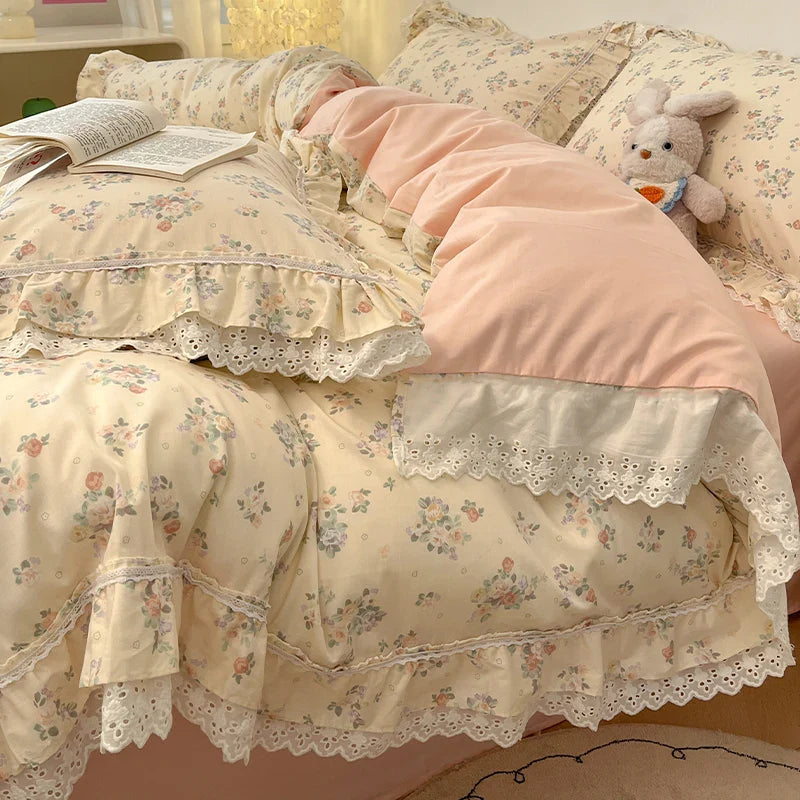 Afralia™ Princess Style Flowers Lace Ruffles 100% Cotton Bedding Set - 4Pcs