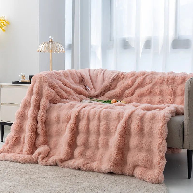 Afralia™ Faux Rabbit Fur Flannel Sofa Blanket, All Seasons Solid Soft Nap Quilt