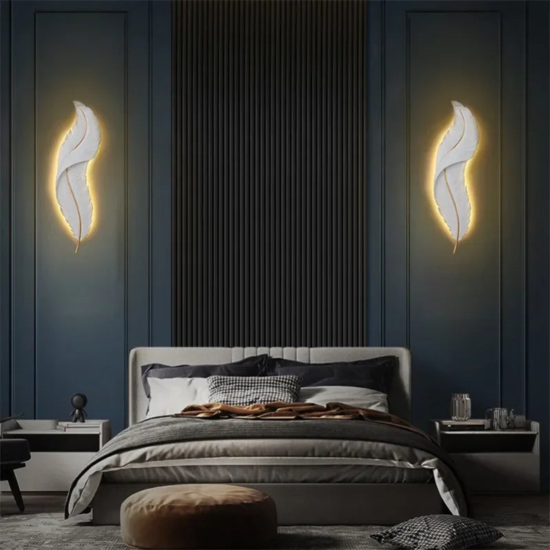 Afralia™ White Feather Resin Wall Sconce LED Light for Bedroom Living Room