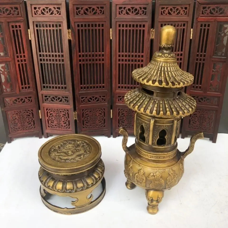 Afralia™ Brass Three-Tiered Tower Incense Burner with Tripod Furnace for Home Buddhist Hall