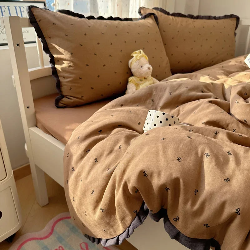 Afralia™ Lace Duvet Cover Bedding Set 4Pcs French Washed Cotton for Single Double Bed