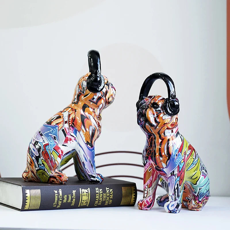 Afralia™ Bulldog Headphone Figurines: Resin Graffiti Art Dog Statue Desktop Decor