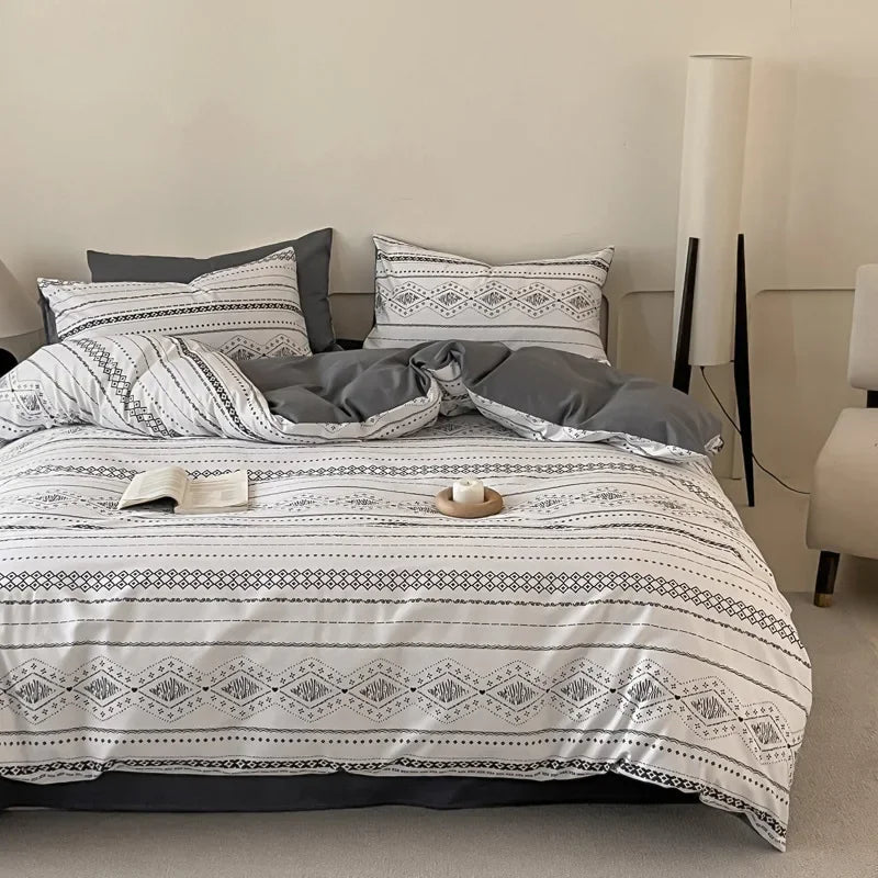 Afralia™ Geometric Pattern Cotton Fitted Sheet Set, King/Queen Bed Comfort Bedding