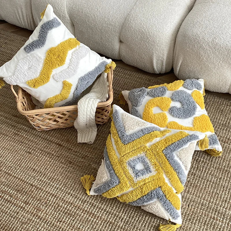 Afralia™ Yellow Geometric Tufted Sofa Pillow Cover - Bohemian Cushion Cover