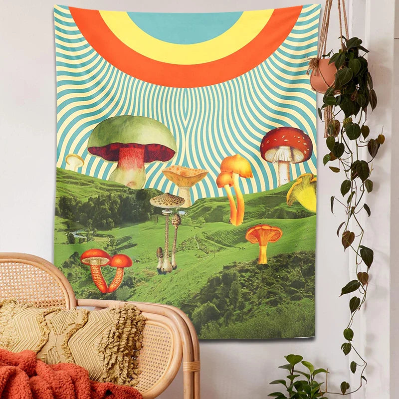 Psychedelic Mushroom Mountain Tapestry by Afralia™ - Hippie Bohemian Wall Decor