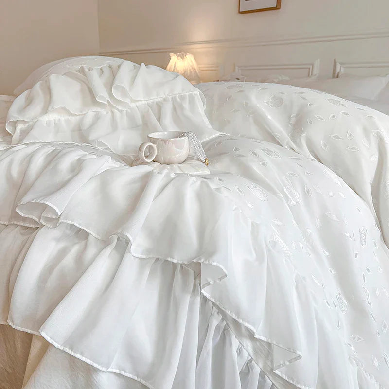 Afralia™ Floral Embroidery Ruffles Girl Bedding Set - 4 Piece Cotton Lace Patchwork