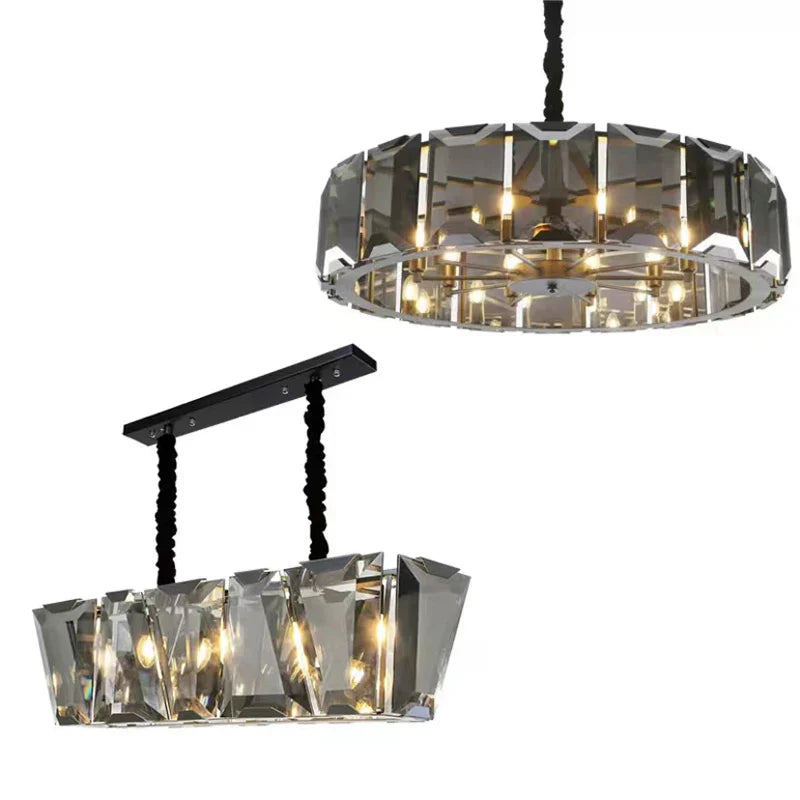 Afralia™ Smoke Grey LED Pendant Light for Living Room - Amber Crystal Lustre Chandelier