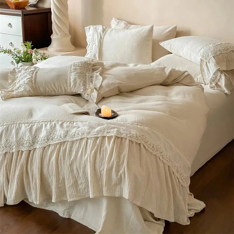 Afralia™ French Lace Ruffle Embroidery Bedding Set with Natural Health Skin Fabric