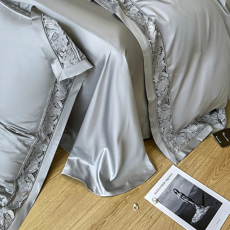 Afralia™ Luxe 1500TC Egyptian Cotton Lace Wide Edge Bedding Set: Duvet Cover, Sheet, Pillowcases