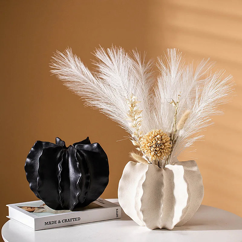 Afralia™ Wrinkle Pattern Ceramic Vase Handicraft Petal Flower Home Decor